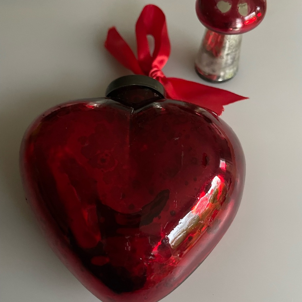 Elegant Red Heart-Shaped Glass Ornament and glass mushroom shaped ornament